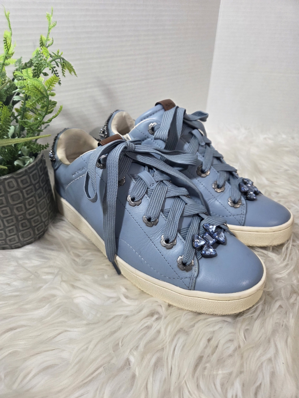 Coach Women Blue Rhinestone Embellished Leather Sneakers/ Crystal Bow Accent 10B - Picture 12 of 16